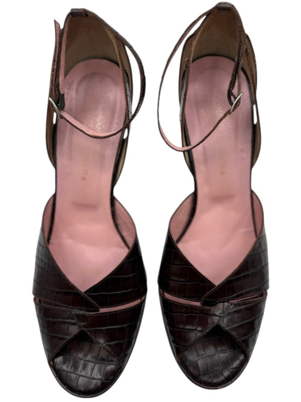 Donald J Pliner Couture Brown Embossed Leather Peep-Toe Heels – Size 10
