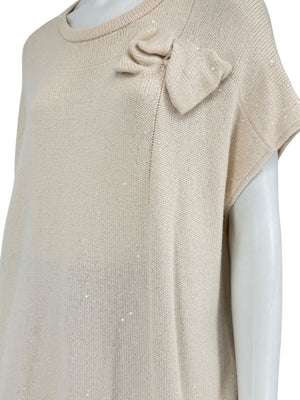 Brunello Cucinelli Beige Cashmere Sequin-Embellished Knit Top with Bow Detail – Size: XL