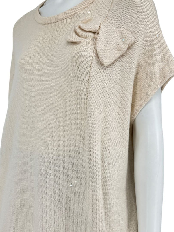 Brunello Cucinelli Beige Cashmere Sequin-Embellished Knit Top with Bow Detail – Size: XL