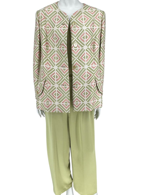Bill Blass Three-Piece Green & Geometric Jacket Pant Set – XL