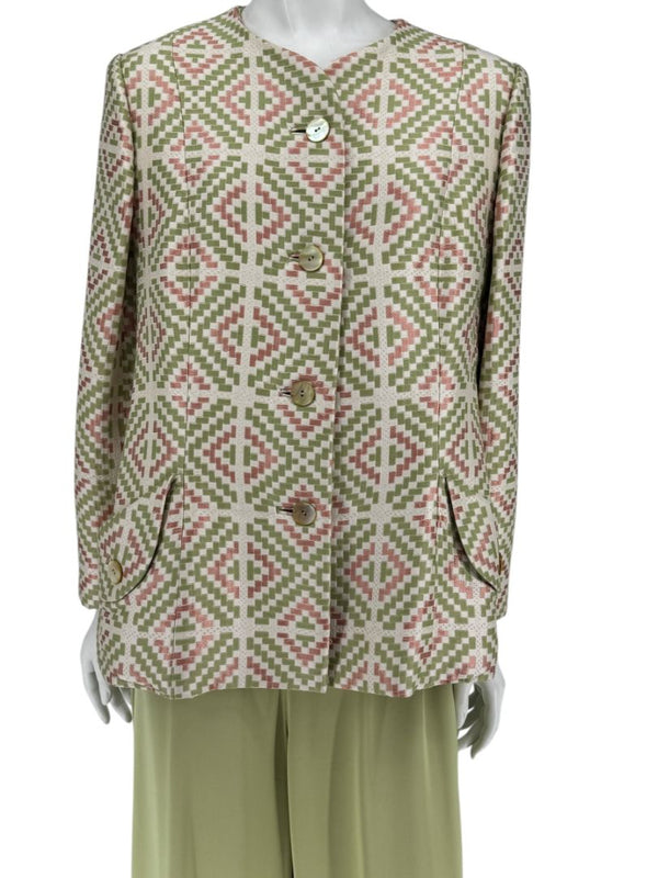 Bill Blass Three-Piece Green & Geometric Jacket Pant Set – XL