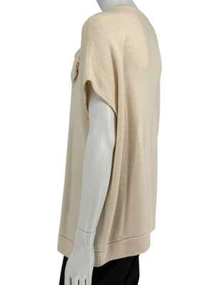 Brunello Cucinelli Beige Cashmere Sequin-Embellished Knit Top with Bow Detail – Size: XL