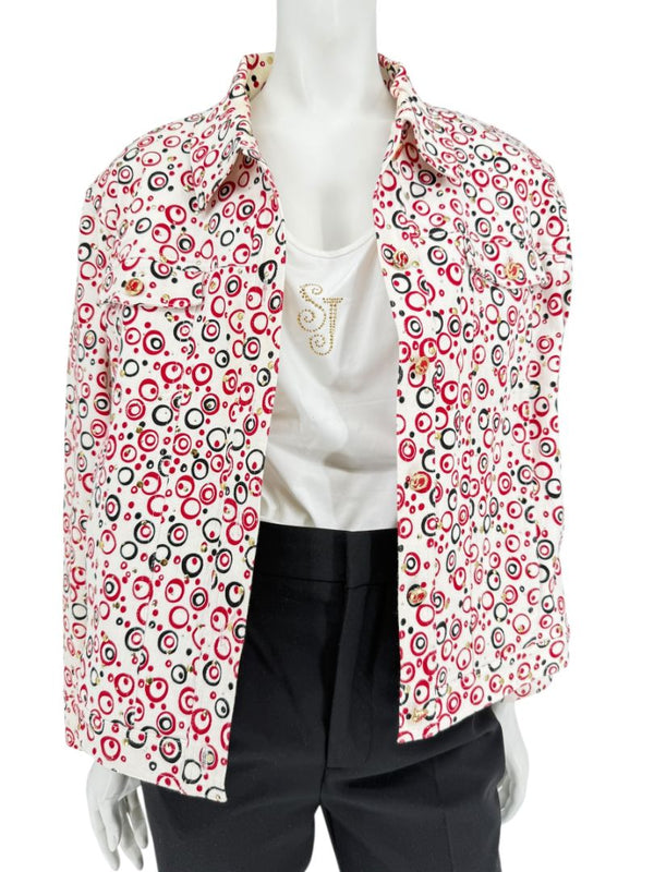 St. John Sport by Marie Gray Red & Black Circle Print Tank T-Shirt & Denim-Style Jacket Set – Size Jacket XL / Tank L