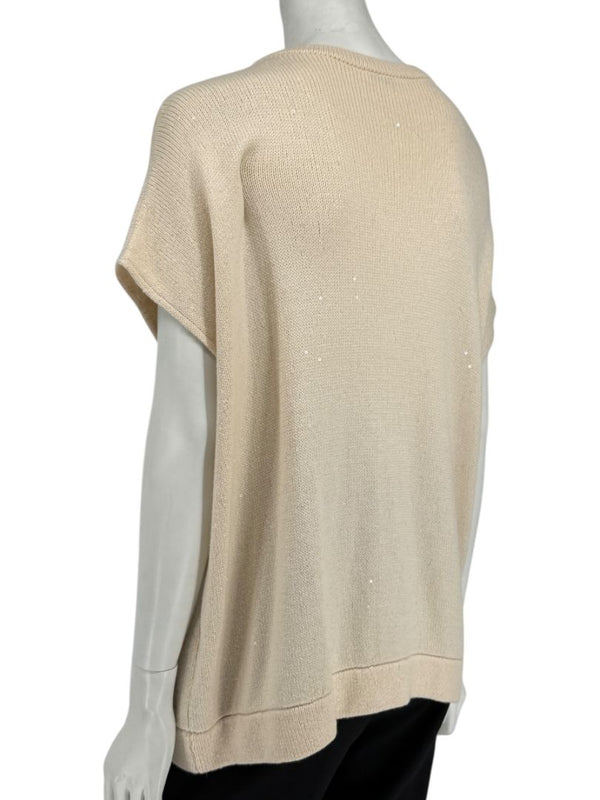 Brunello Cucinelli Beige Cashmere Sequin-Embellished Knit Top with Bow Detail – Size: XL