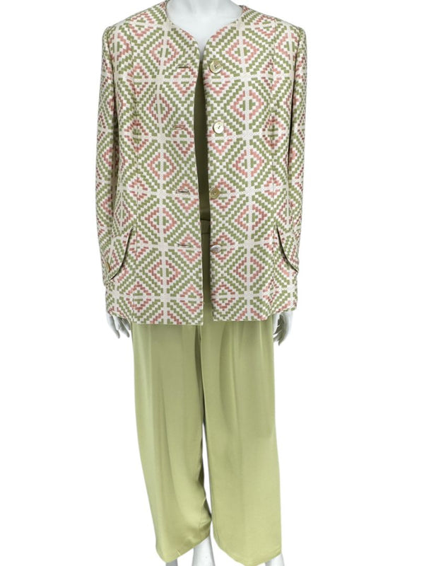 Bill Blass Three-Piece Green & Geometric Jacket Pant Set – XL