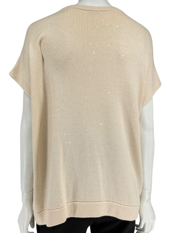 Brunello Cucinelli Beige Cashmere Sequin-Embellished Knit Top with Bow Detail – Size: XL