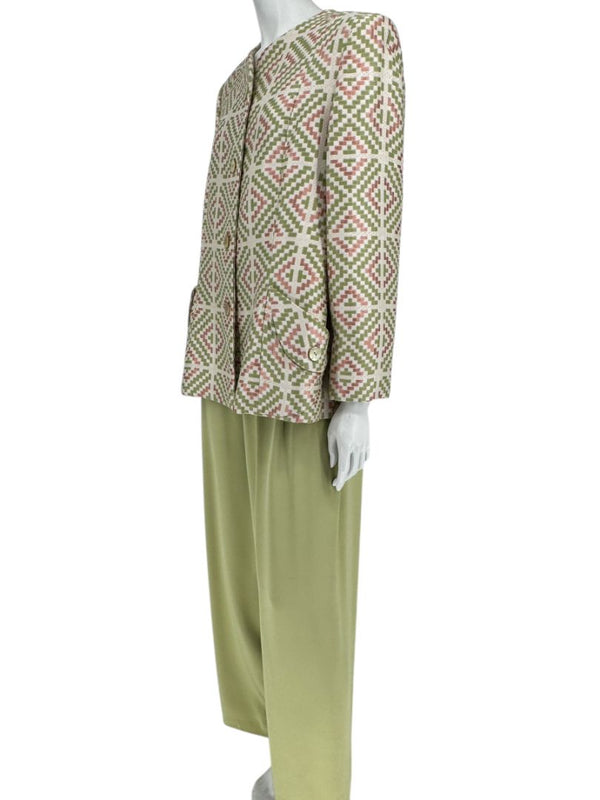 Bill Blass Three-Piece Green & Geometric Jacket Pant Set – XL