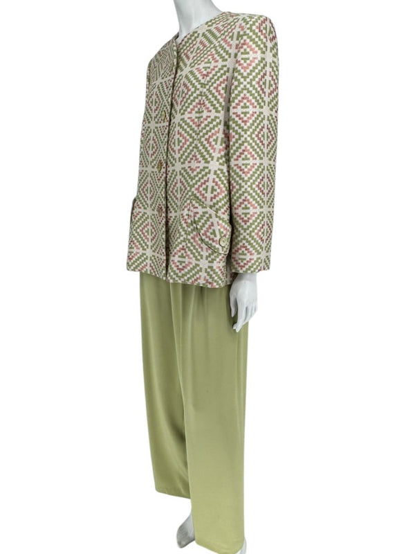 Bill Blass Three-Piece Green & Geometric Jacket Pant Set – XL