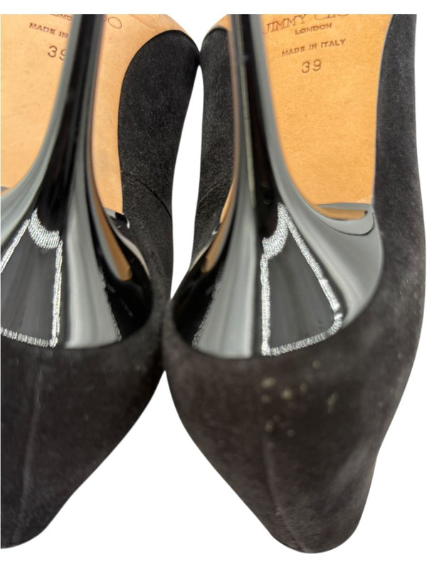 Jimmy Choo Black Suede & Croc-Embossed Leather Pointed Toe Pumps - Size 39
