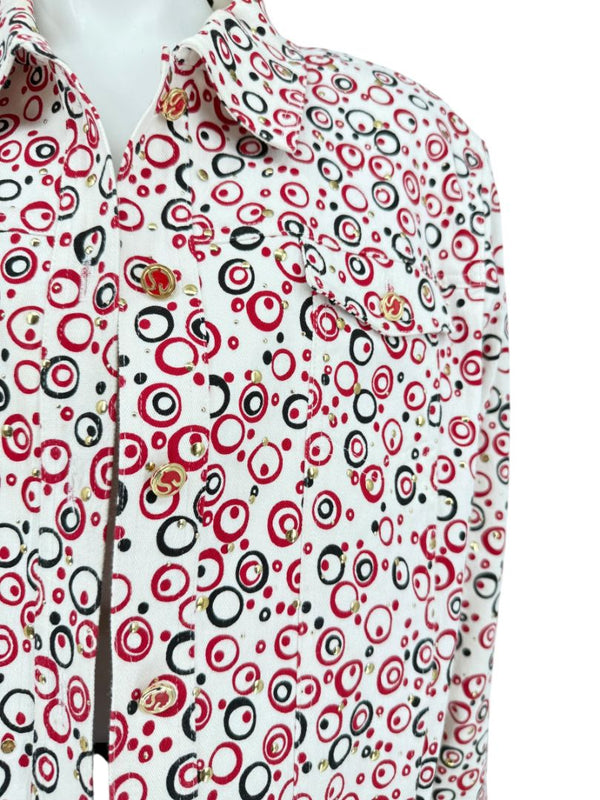 St. John Sport by Marie Gray Red & Black Circle Print Tank T-Shirt & Denim-Style Jacket Set – Size Jacket XL / Tank L