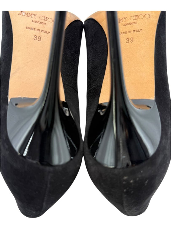Jimmy Choo Black Suede & Croc-Embossed Leather Pointed Toe Pumps - Size 39