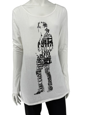 Karl Lagerfeld White Graphic Long Sleeve Cotton Top – Size M