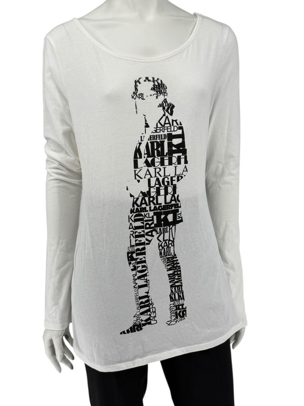 Karl Lagerfeld White Graphic Long Sleeve Cotton Top – Size M