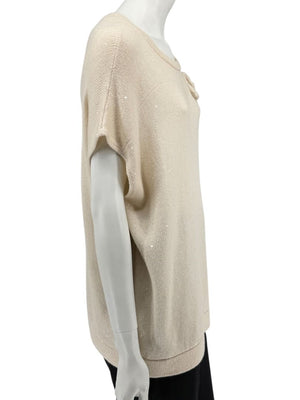 Brunello Cucinelli Beige Cashmere Sequin-Embellished Knit Top with Bow Detail – Size: XL