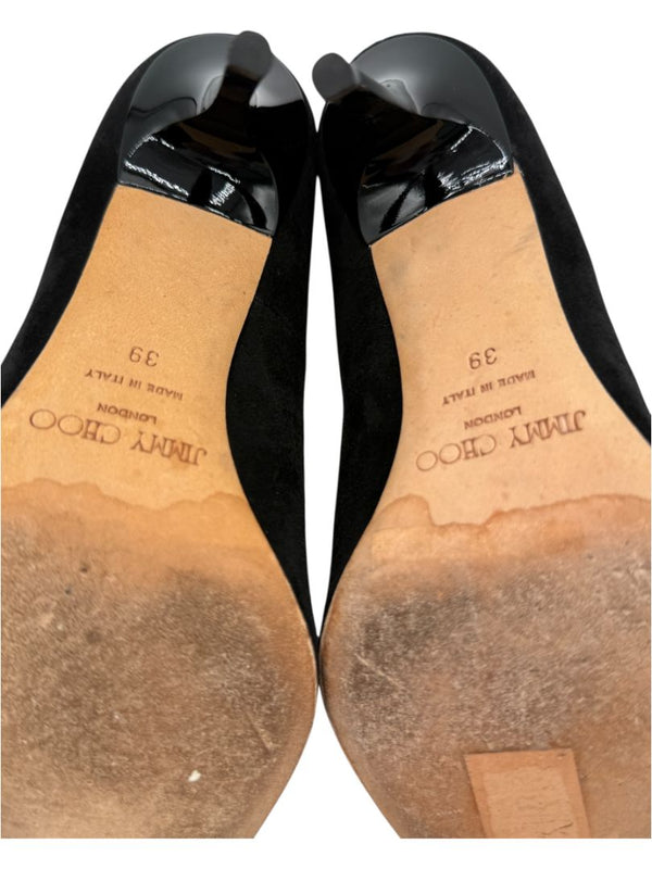 Jimmy Choo Black Suede & Croc-Embossed Leather Pointed Toe Pumps - Size 39