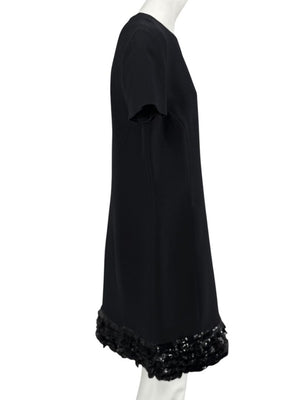 CHRISTIAN DIOR Black Wool-Silk Mini Dress with Sequin Embroidered Hem - US 12