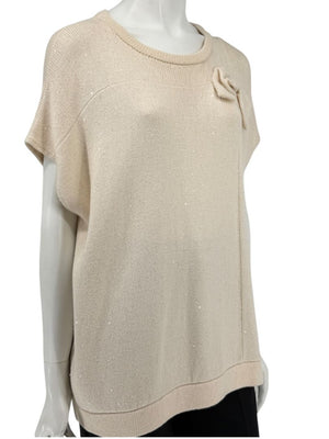 Brunello Cucinelli Beige Cashmere Sequin-Embellished Knit Top with Bow Detail – Size: XL
