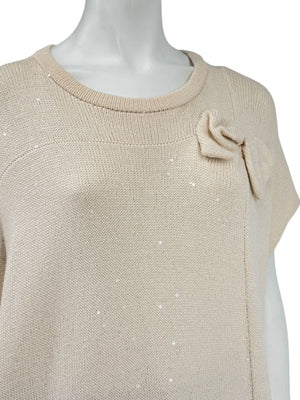 Brunello Cucinelli Beige Cashmere Sequin-Embellished Knit Top with Bow Detail – Size: XL