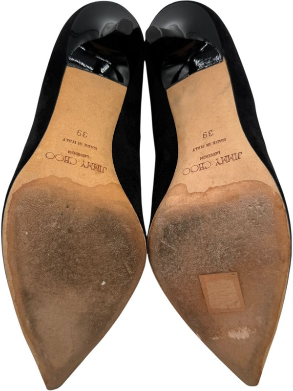 Jimmy Choo Black Suede & Croc-Embossed Leather Pointed Toe Pumps - Size 39