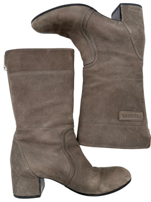 Chanel Taupe Leather Quilted-Heel Mid-Calf Boots – Size 36.5