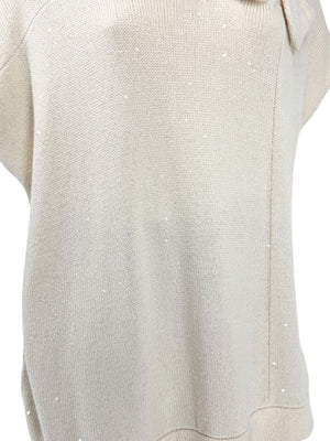 Brunello Cucinelli Beige Cashmere Sequin-Embellished Knit Top with Bow Detail – Size: XL