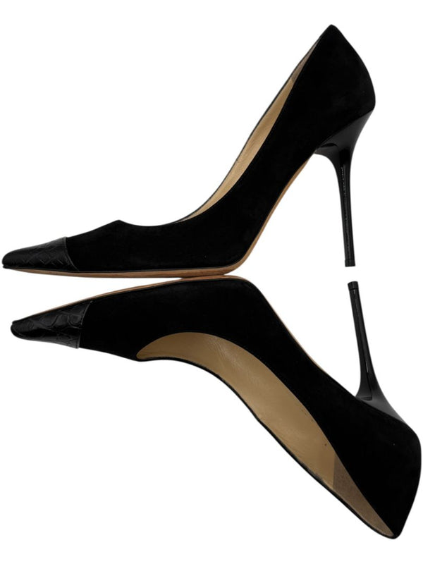 Jimmy Choo Black Suede & Croc-Embossed Leather Pointed Toe Pumps - Size 39