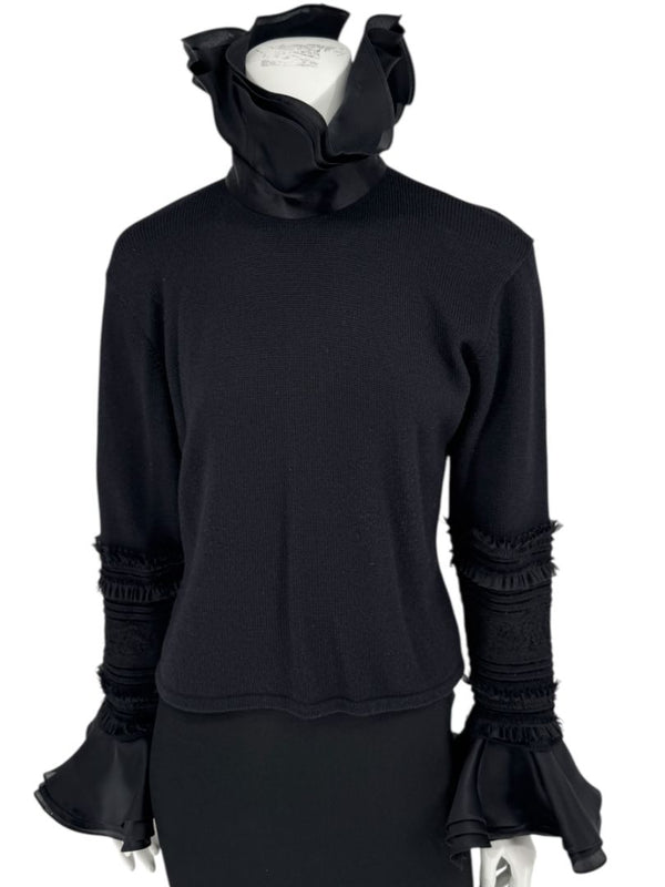 Zang Toi Black Wool-Cashmere Ruffled Fantasy Sleeve Top – Size XL