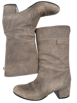 Chanel Taupe Leather Quilted-Heel Mid-Calf Boots – Size 36.5
