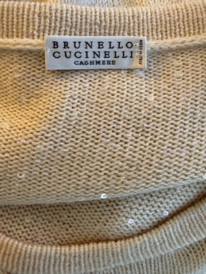 Brunello Cucinelli Beige Cashmere Sequin-Embellished Knit Top with Bow Detail – Size: XL