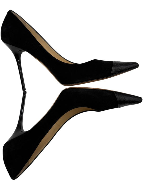Jimmy Choo Black Suede & Croc-Embossed Leather Pointed Toe Pumps - Size 39