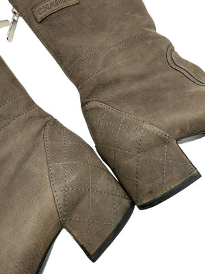 Chanel Taupe Leather Quilted-Heel Mid-Calf Boots – Size 36.5