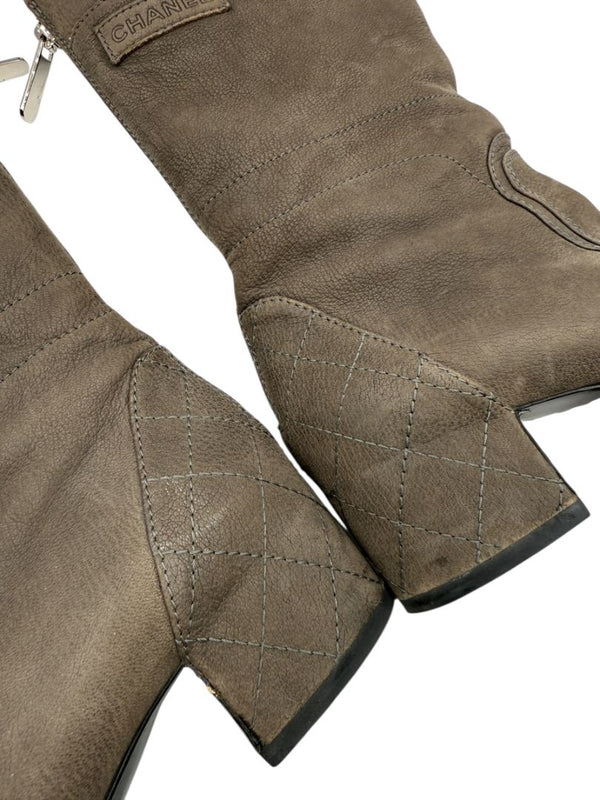 Chanel Taupe Leather Quilted-Heel Mid-Calf Boots – Size 36.5
