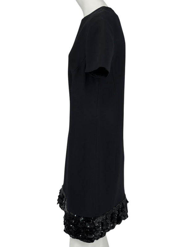CHRISTIAN DIOR Black Wool-Silk Mini Dress with Sequin Embroidered Hem - US 12