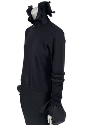 Zang Toi Black Wool-Cashmere Ruffled Fantasy Sleeve Top – Size XL