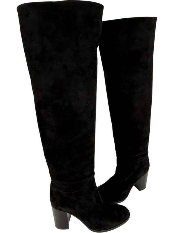 Gianvito Rossi Black Suede Block Heel Knee Boots – Size 39.5