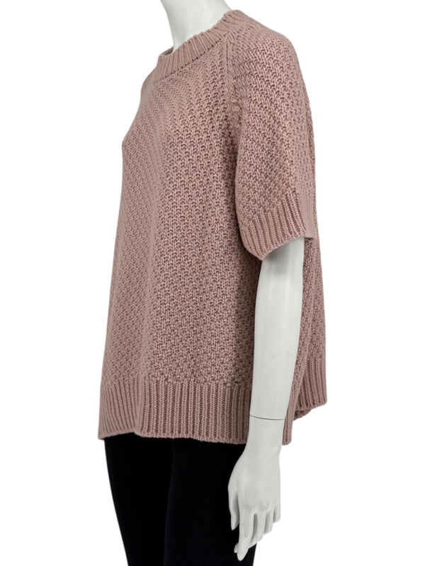 Agnona Faded Rose Cashmere-Cotton Asymmetric Short Sleeve Sweater – Size S