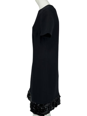 CHRISTIAN DIOR Black Wool-Silk Mini Dress with Sequin Embroidered Hem - US 12