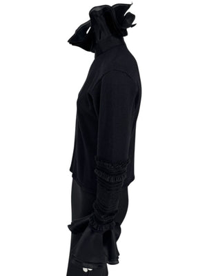 Zang Toi Black Wool-Cashmere Ruffled Fantasy Sleeve Top – Size XL