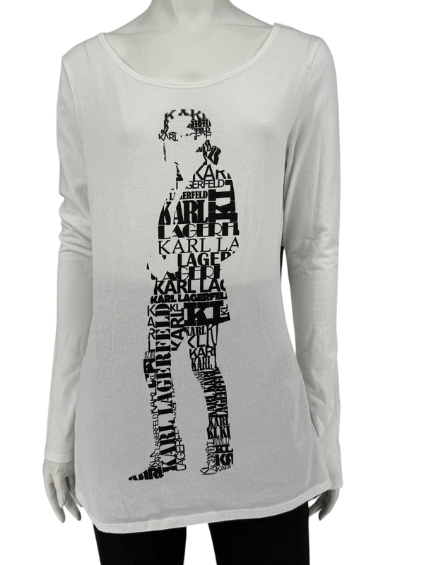 Karl Lagerfeld White Graphic Long Sleeve Cotton Top – Size M