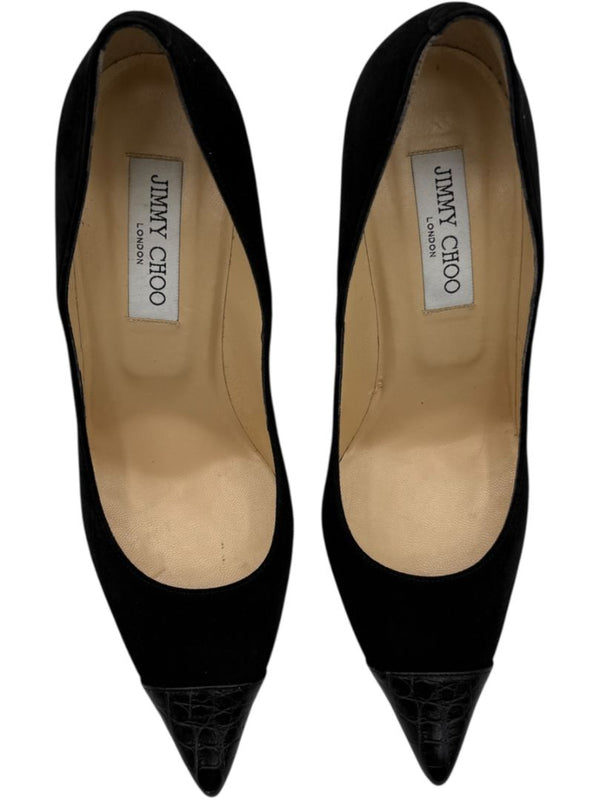 Jimmy Choo Black Suede & Croc-Embossed Leather Pointed Toe Pumps - Size 39