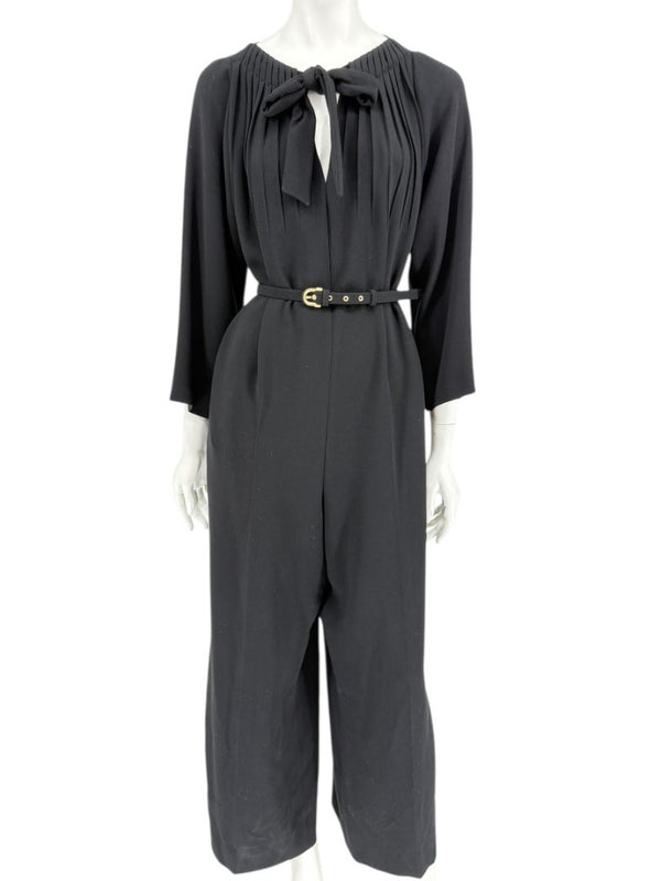 Escada Black Pleated Tie-Neck Belted Jumpsuit – Size EU 46