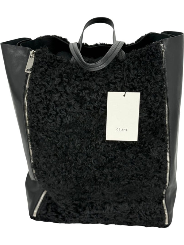 Céline Vertical Gusset Cabas Tote – Black Shearling & Lambskin
