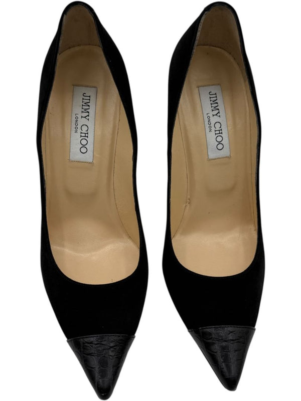 Jimmy Choo Black Suede & Croc-Embossed Leather Pointed Toe Pumps - Size 39