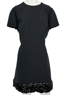 CHRISTIAN DIOR Black Wool-Silk Mini Dress with Sequin Embroidered Hem - US 12
