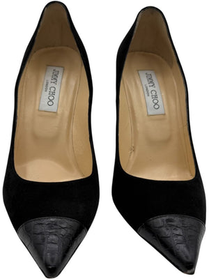 Jimmy Choo Black Suede & Croc-Embossed Leather Pointed Toe Pumps - Size 39