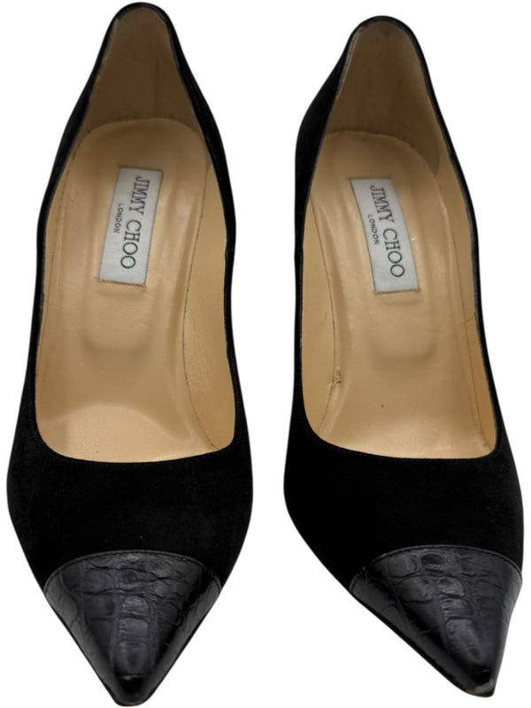 Jimmy Choo Black Suede & Croc-Embossed Leather Pointed Toe Pumps - Size 39