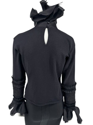 Zang Toi Black Wool-Cashmere Ruffled Fantasy Sleeve Top – Size XL