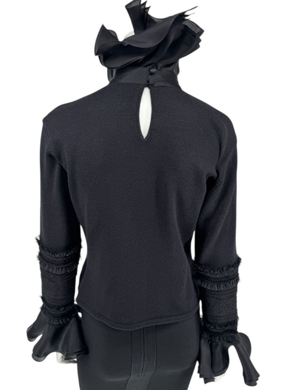 Zang Toi Black Wool-Cashmere Ruffled Fantasy Sleeve Top – Size XL