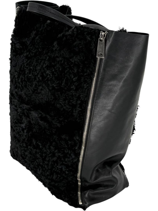 Céline Vertical Gusset Cabas Tote – Black Shearling & Lambskin