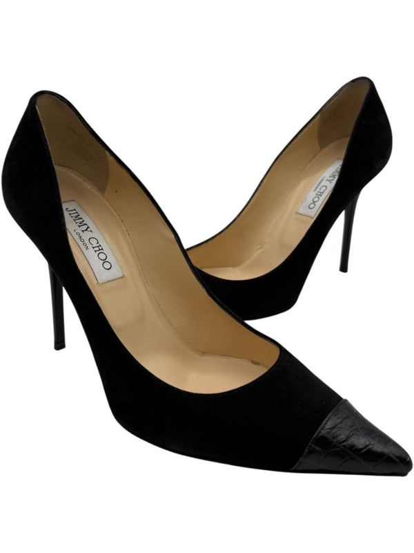 Jimmy Choo Black Suede & Croc-Embossed Leather Pointed Toe Pumps - Size 39